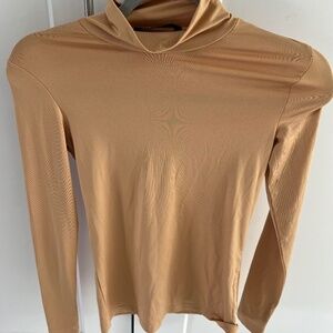 SHEIN BASIC Mock Neck Solid Turtleneck Slim Tee Size XS Golden Tan Beige Stretch